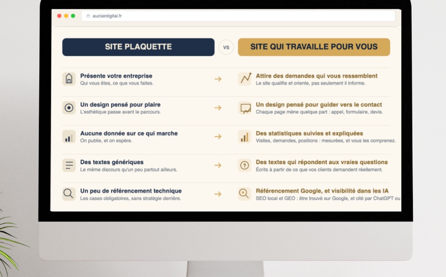 Écran d'ordinateur affichant l'infographie comparant un site plaquette et un site qui travaille pour vous