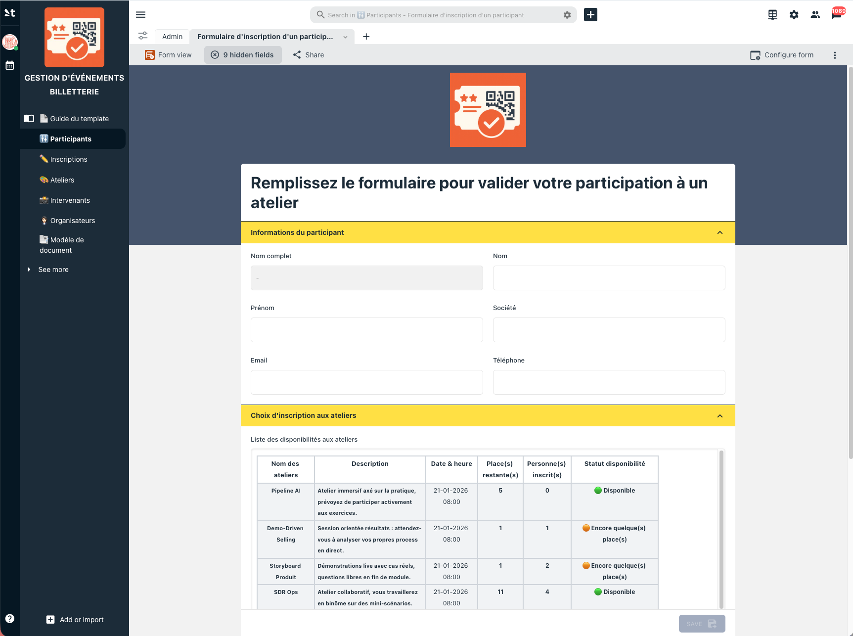 Formulaire d'inscription du template Gestion d'événements & billetterie