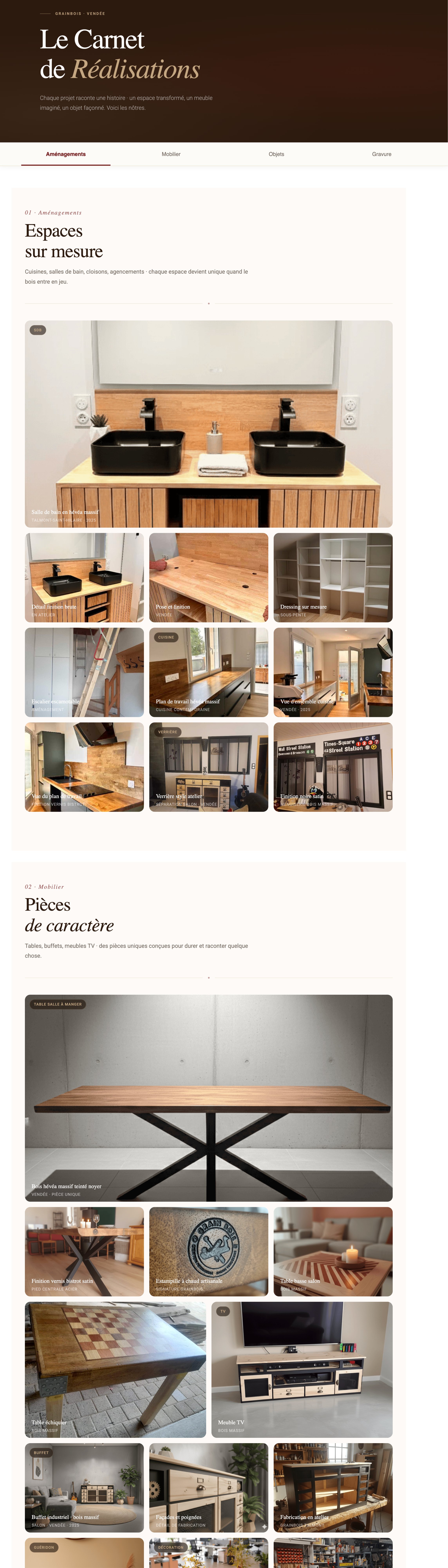 Page Carnet de Réalisations avec galerie filtrable par catégorie