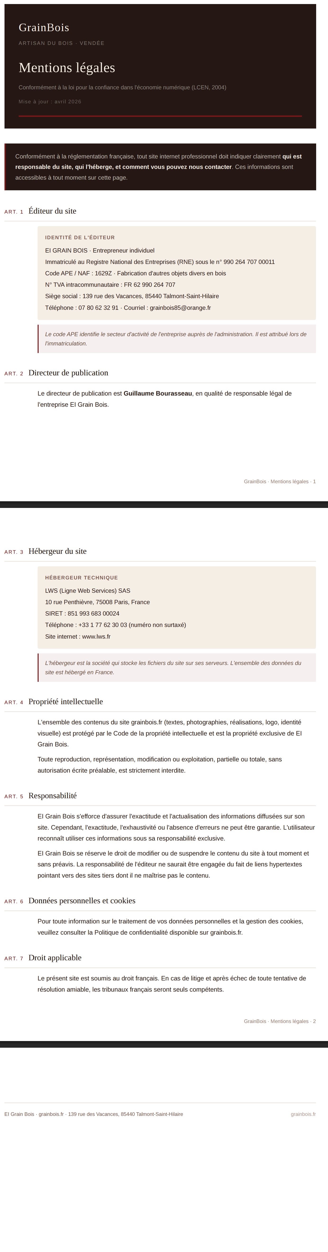 Page mentions légales du site GrainBois avec architecture éditoriale
