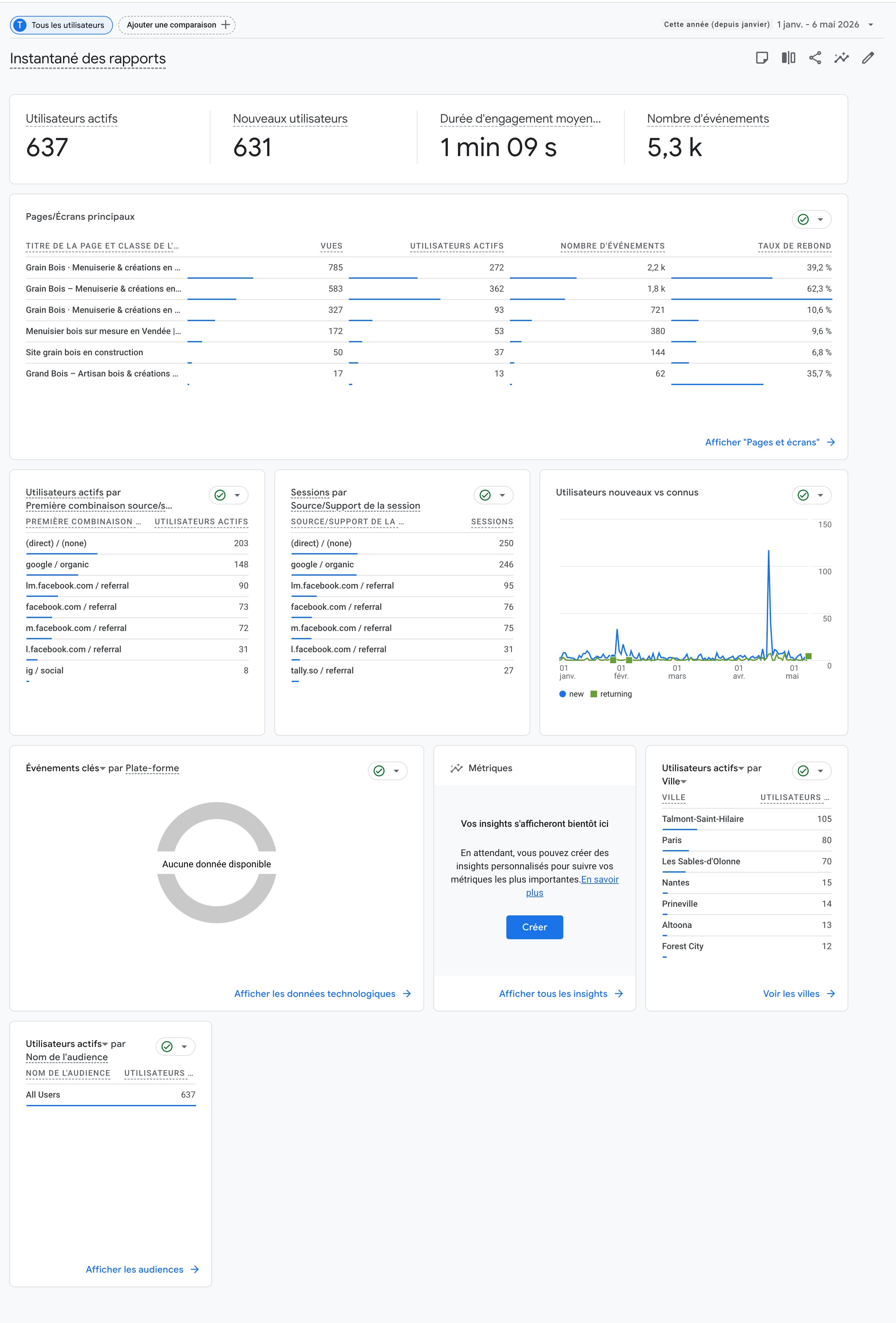 Tableau de bord Google Analytics du site GrainBois : 805 utilisateurs actifs sur 6 mois