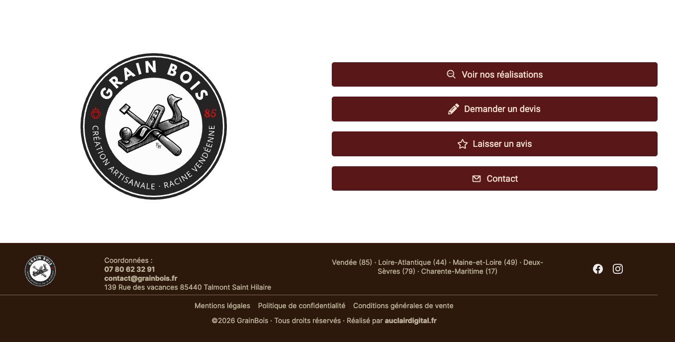 Page de redirection grainbois.fr/instagram avec quatre actions principales