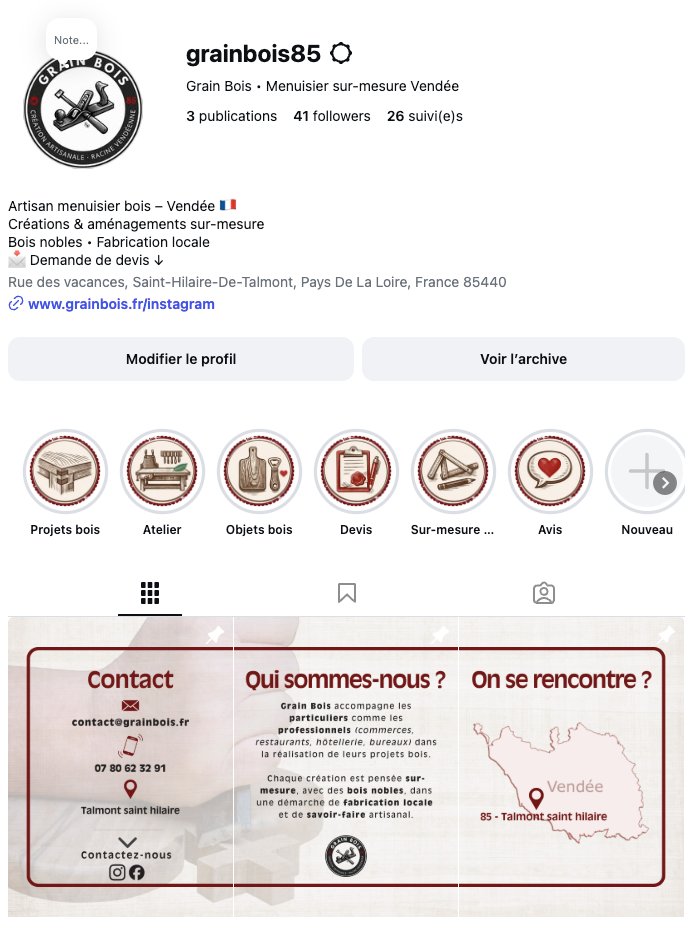Profil Instagram GrainBois avec highlights services et posts épinglés