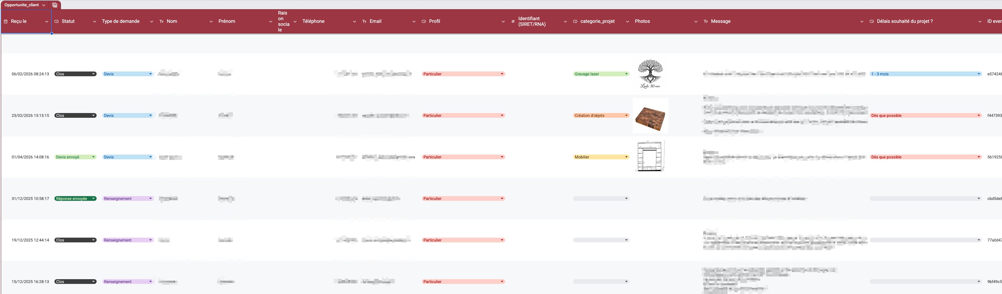 Base Google Sheet de suivi des opportunités clients GrainBois avec colonnes structurées