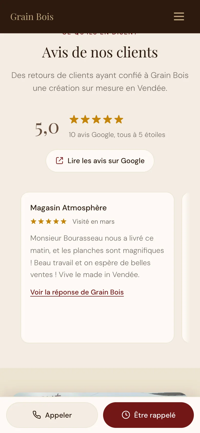 Avis de clients sur le site Grain Bois, avec la réponse de l'atelier