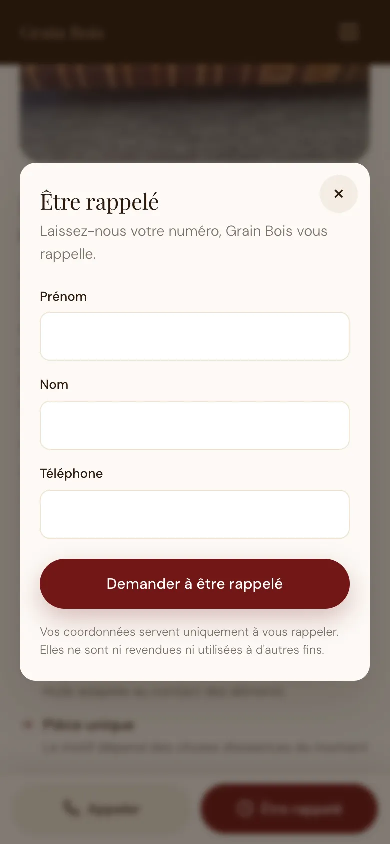Demande de rappel ouverte sur le site Grain Bois, sur téléphone