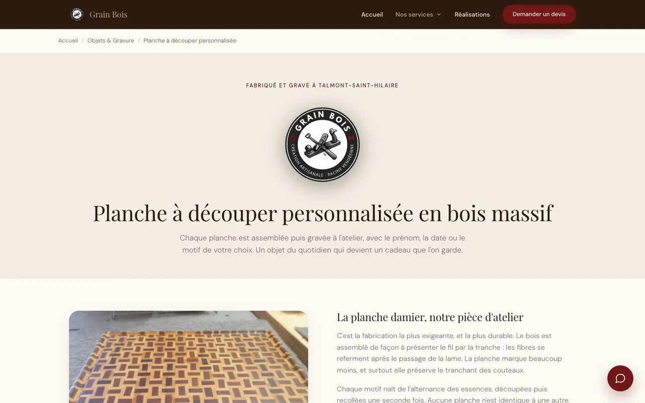 Page Planches à découper personnalisées du site Grain Bois sur ordinateur