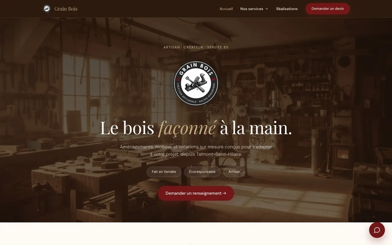 Page d'accueil du site Grain Bois en ligne