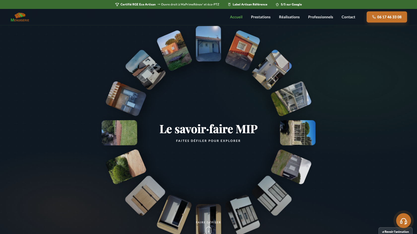 Page d'accueil du site MIP Menuiserie