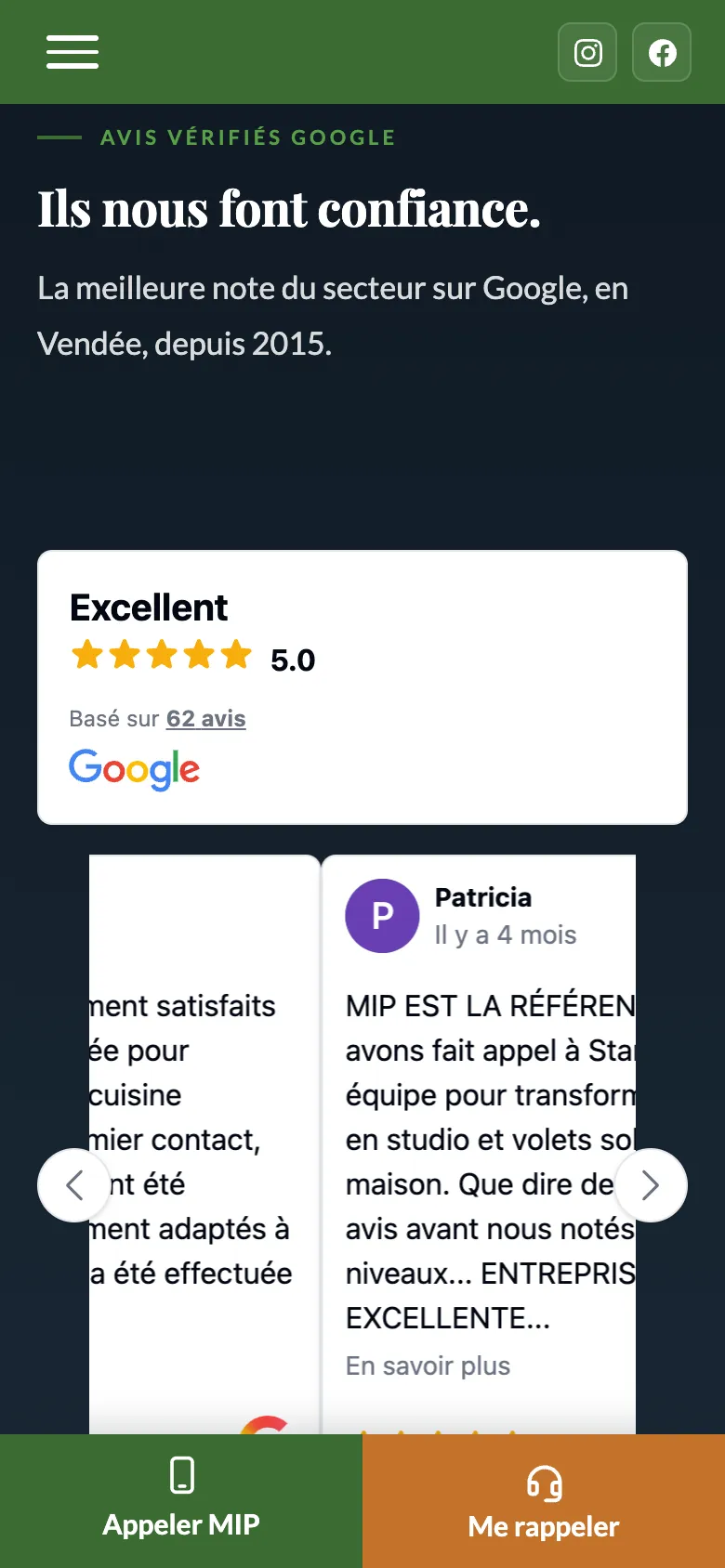 Bloc des avis Google sur le site MIP, sur téléphone