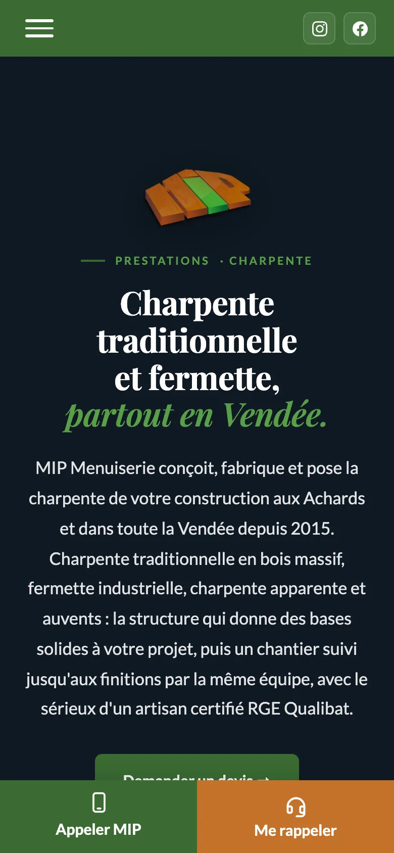Page Charpente traditionnelle du site MIP sur téléphone