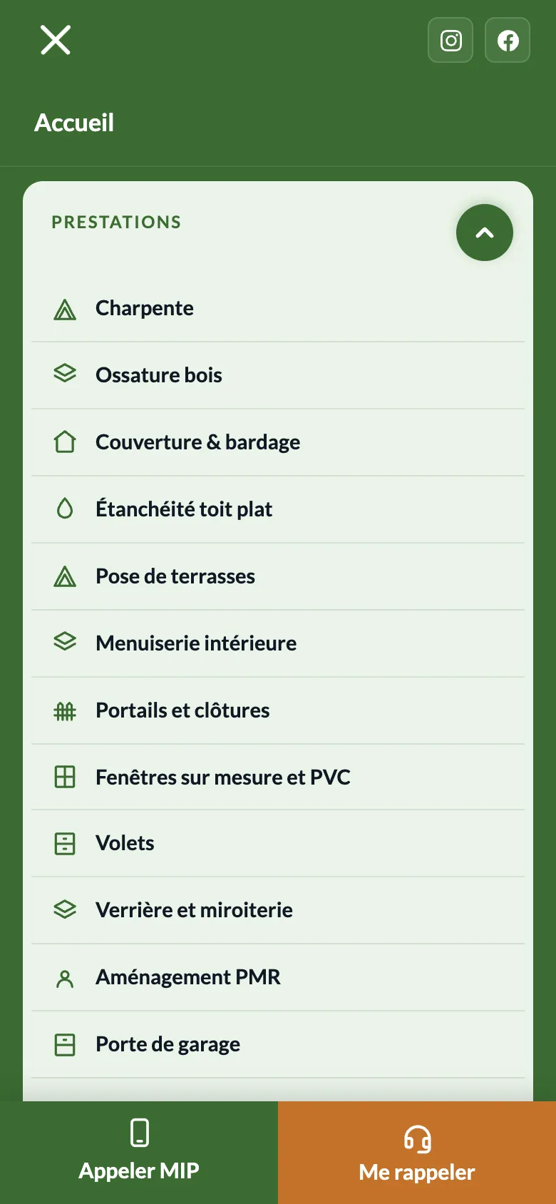 Menu du site MIP sur téléphone, ouvert sur la liste des 12 prestations