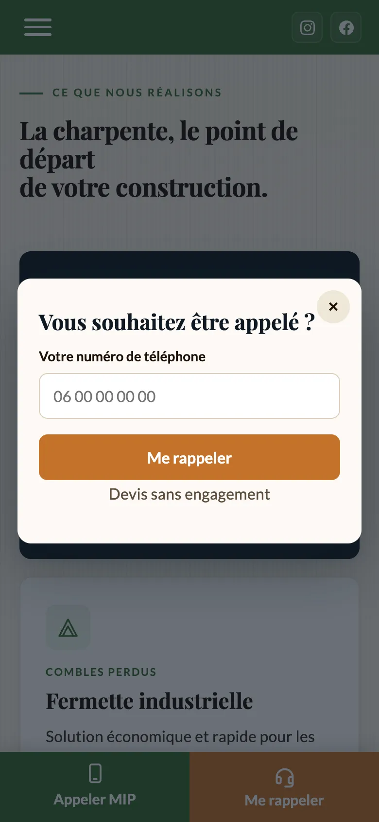 Fenêtre Vous souhaitez être appelé ? ouverte sur le site MIP, avec un seul champ pour le numéro de téléphone