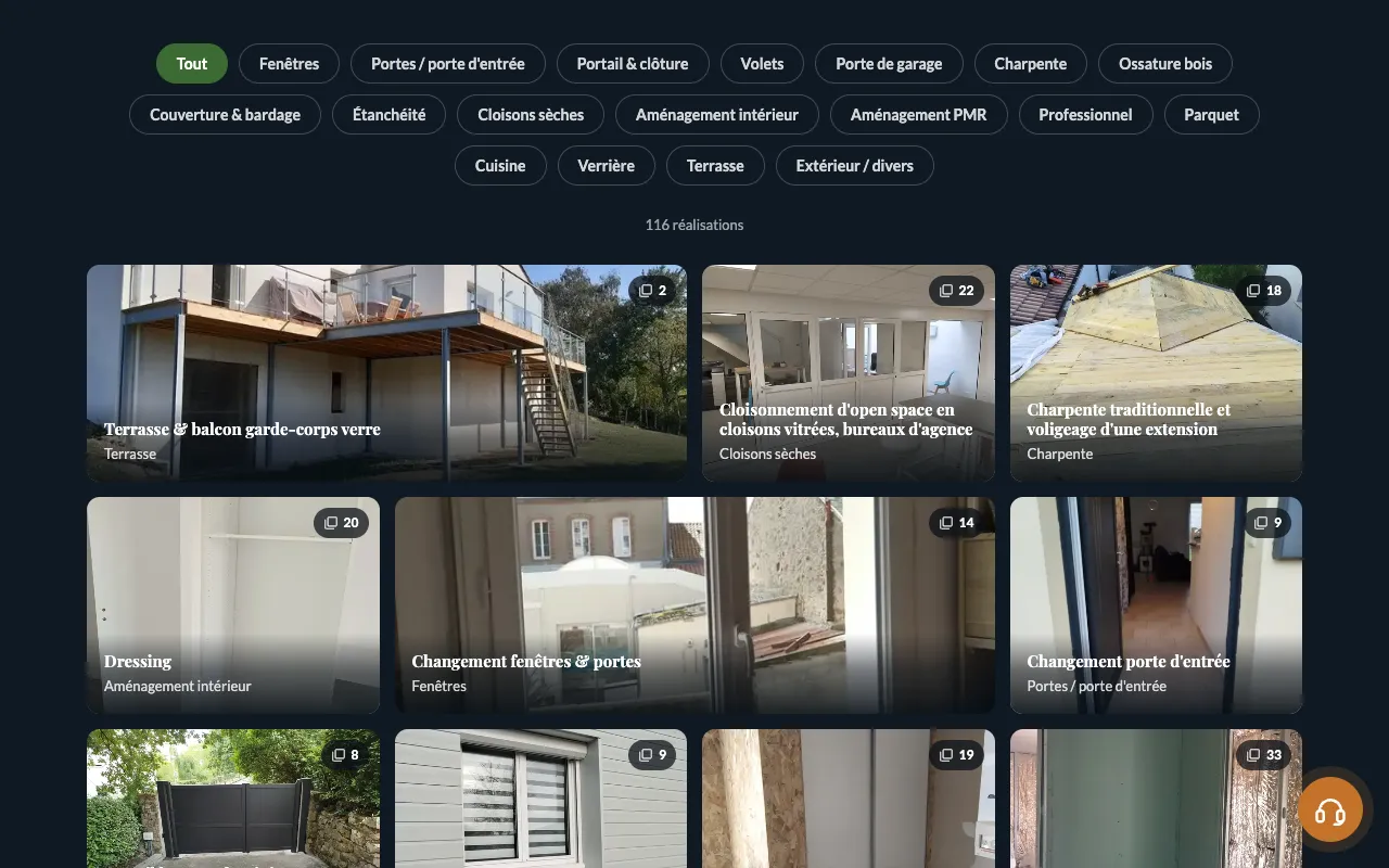 Page Réalisations du site MIP sur ordinateur : filtres par catégorie et grille de photos de chantiers