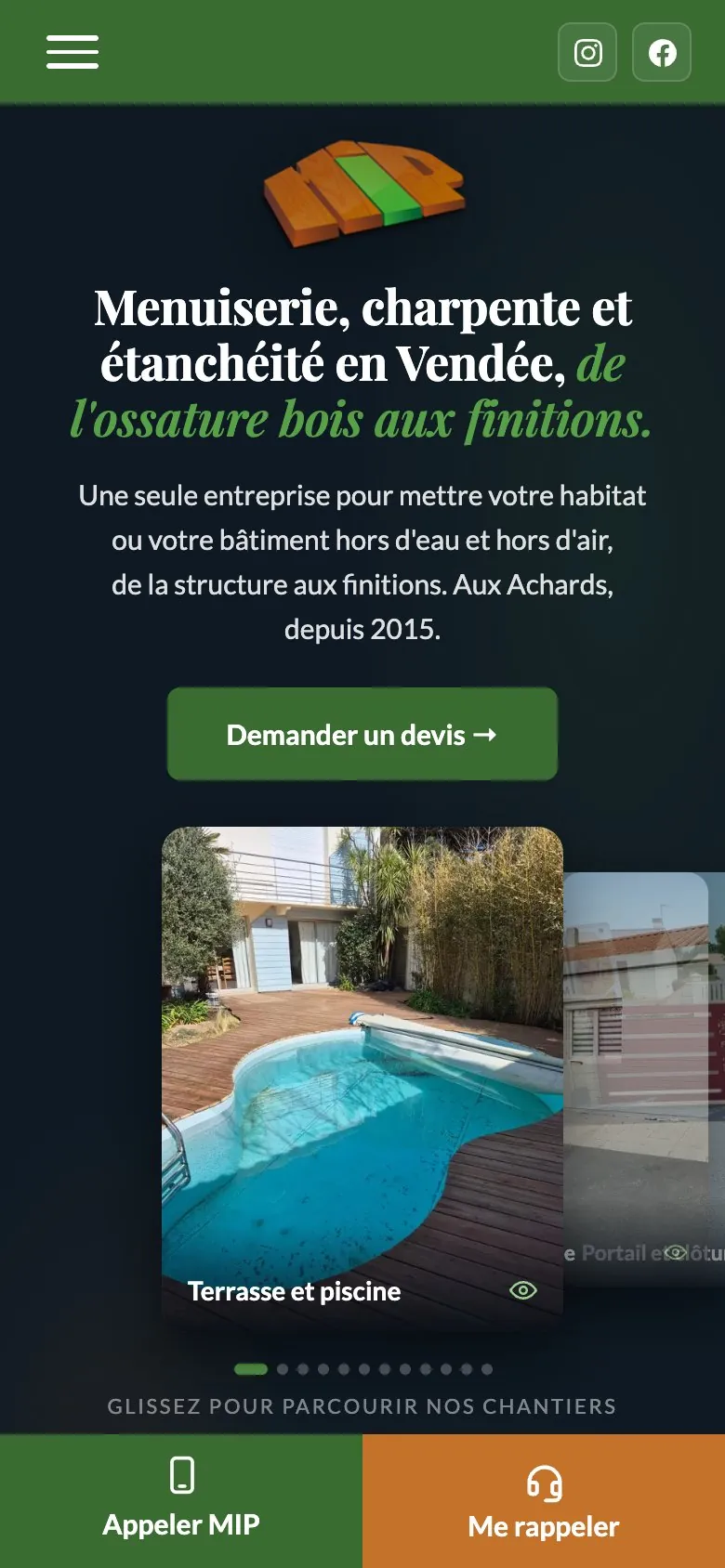 Page d'accueil du site MIP Menuiserie sur téléphone : le titre, le bouton Demander un devis, les photos de chantiers et la barre Appeler MIP, Me rappeler
