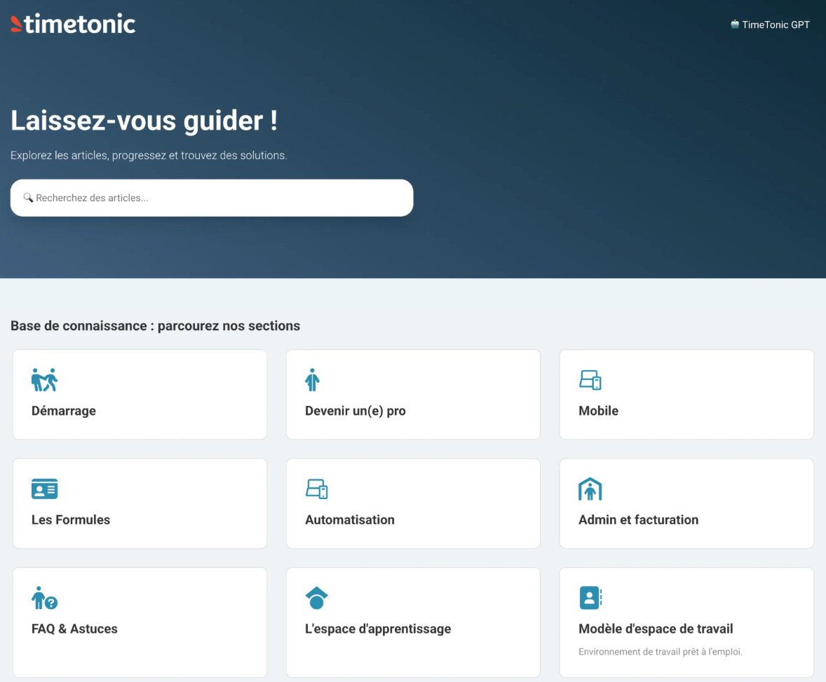 Centre d'aide TimeTonic « Laissez-vous guider », la documentation produite par Au Clair Digital